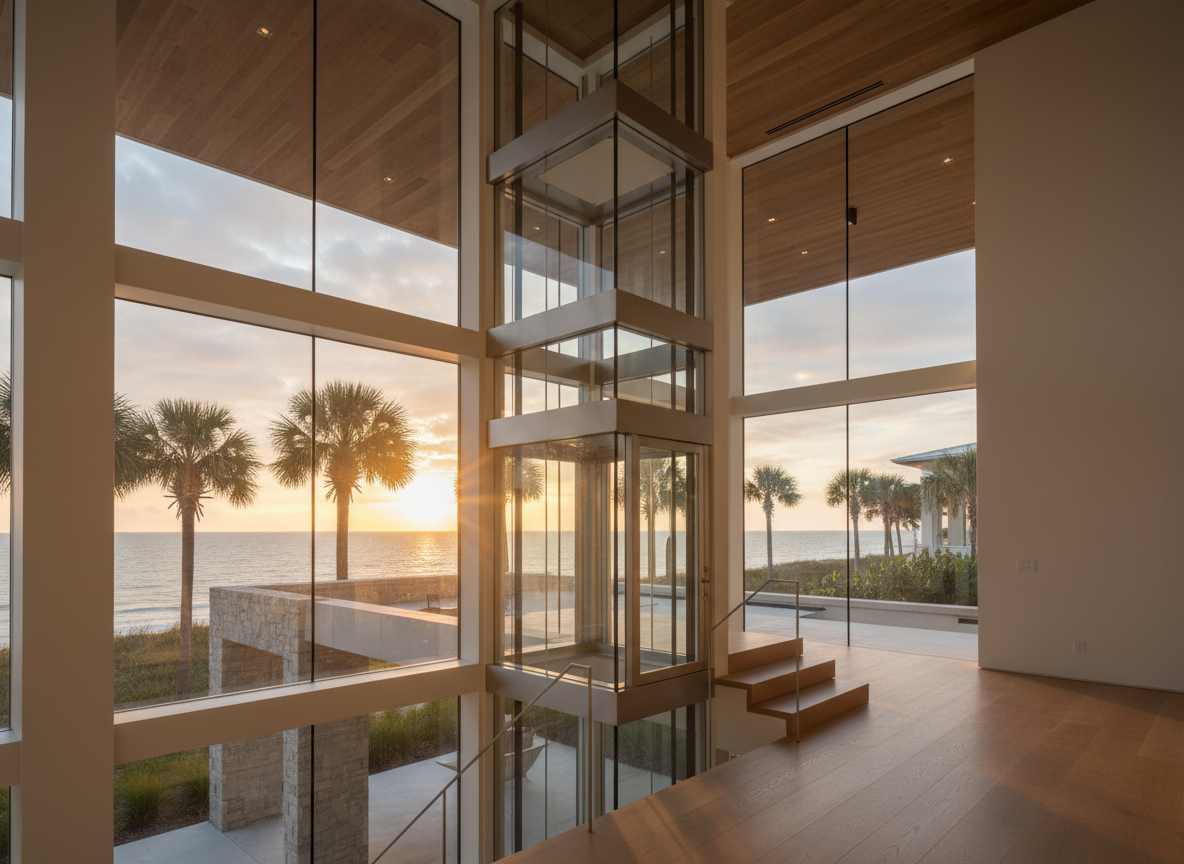 Glass residential elevator in a modern Florida coastal home at golden hour