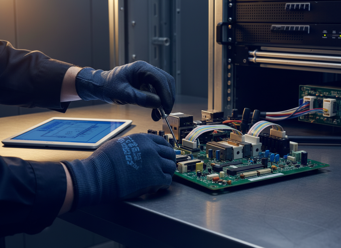 Technician working on elevator controller diagnostics