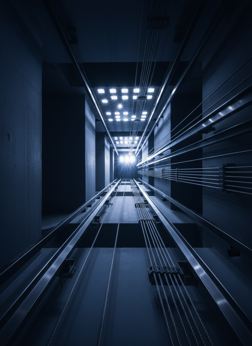 Looking up inside a modern elevator shaft with cables and guide rails