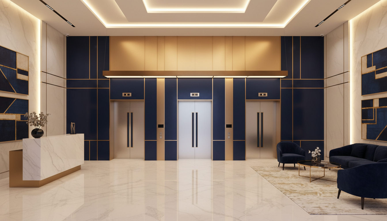 Modern building lobby with elegant elevator bank