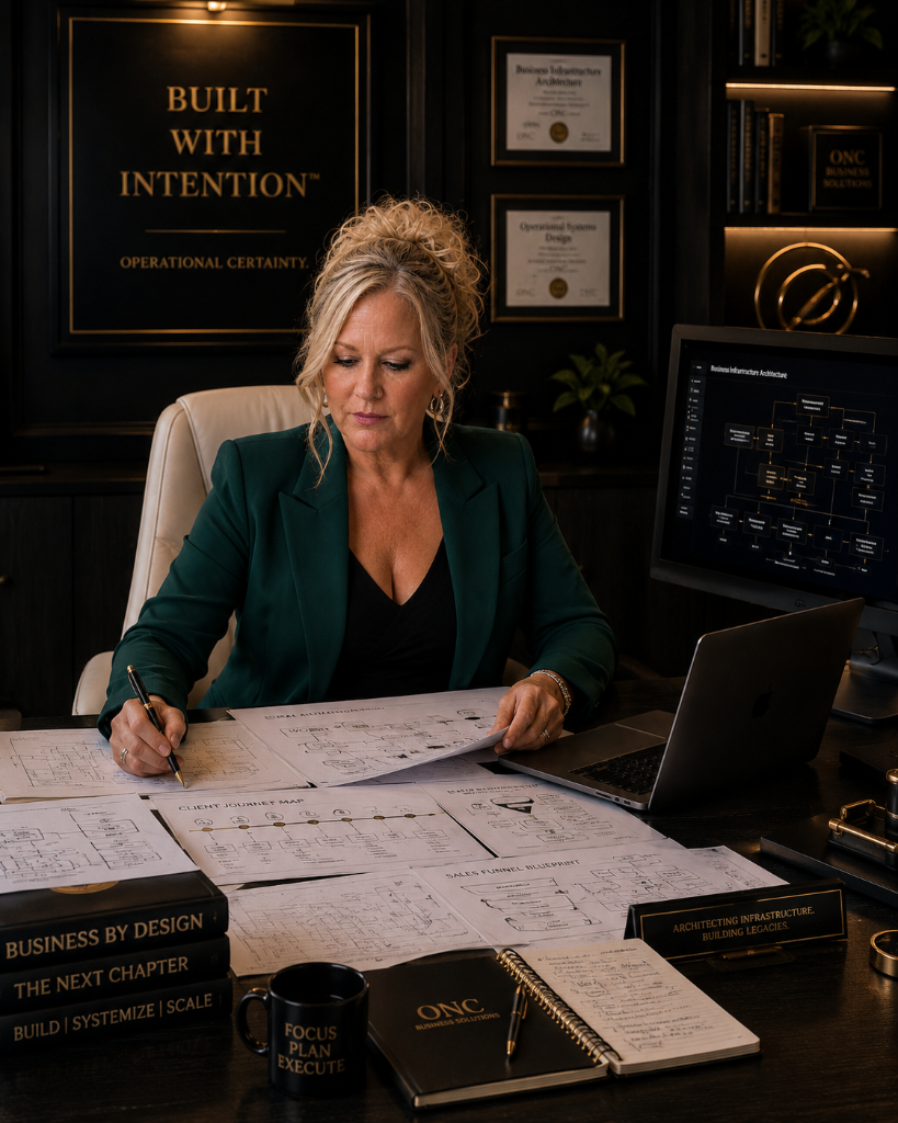 Suzanne Kelley designing business architecture at her executive desk