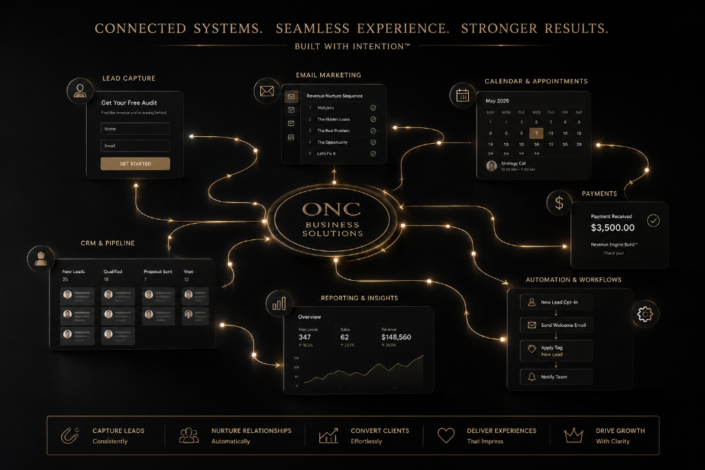 Connected systems — CRM, automation, email, calendar, and payments working together