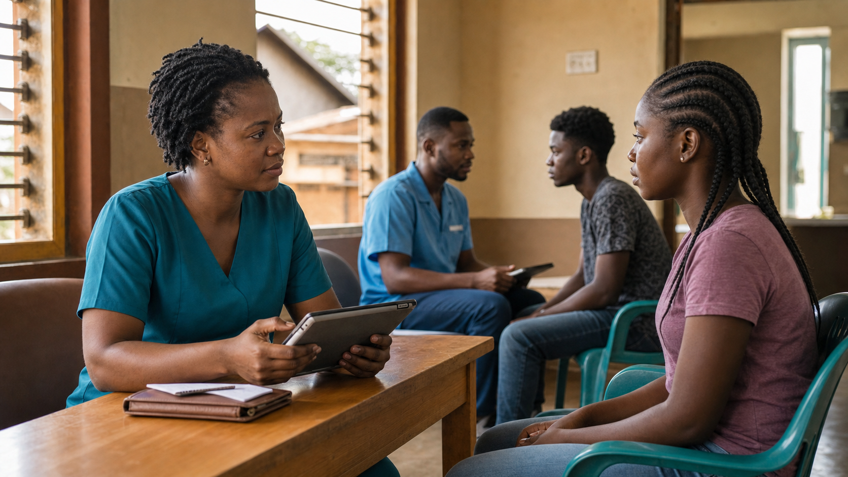 A community mental health officer screening a young person in Ghana