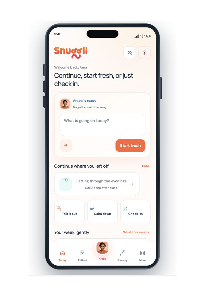 Snuggli Today check-in screen showing Araba companion and a 60-second check-in