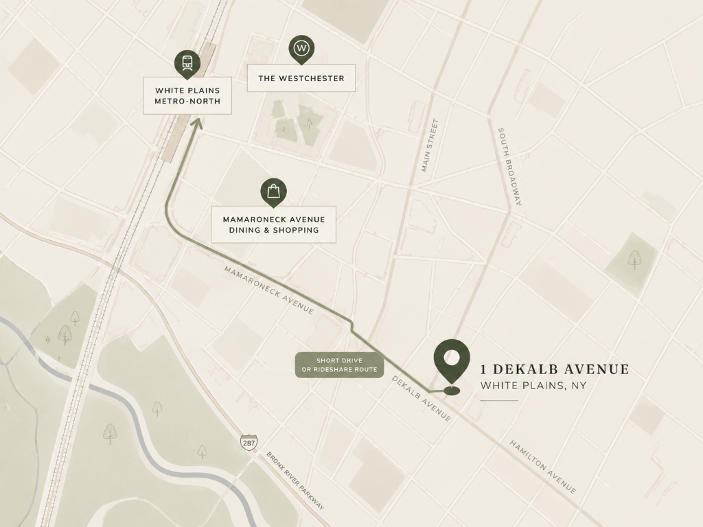 Map showing 1 DeKalb Avenue in downtown White Plains with nearby transit and destinations
