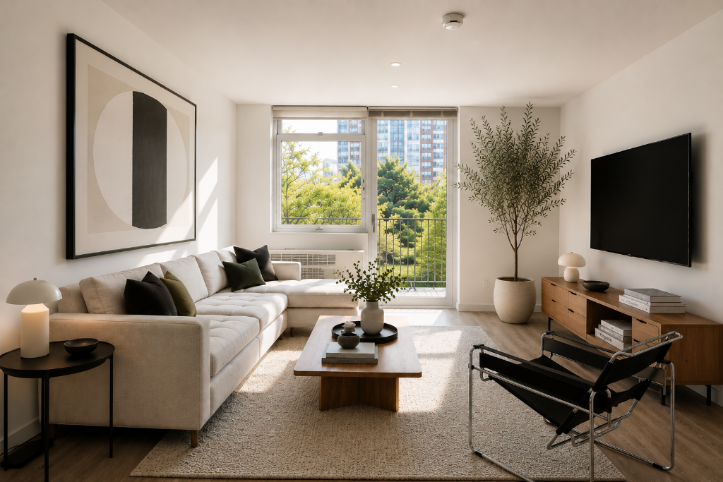 Light-filled living and dining area at One DeKalb