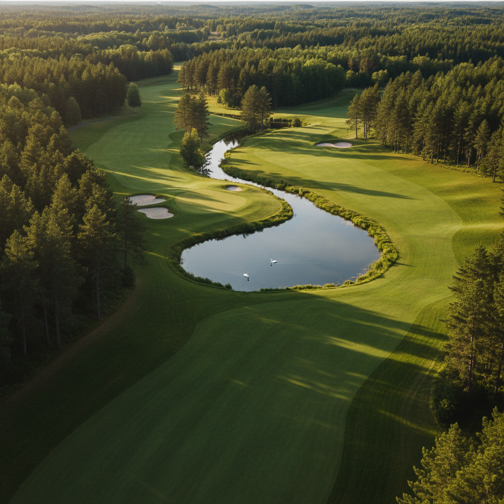 Blueberry Pines Golf Club course with towering pines and spring-fed stream