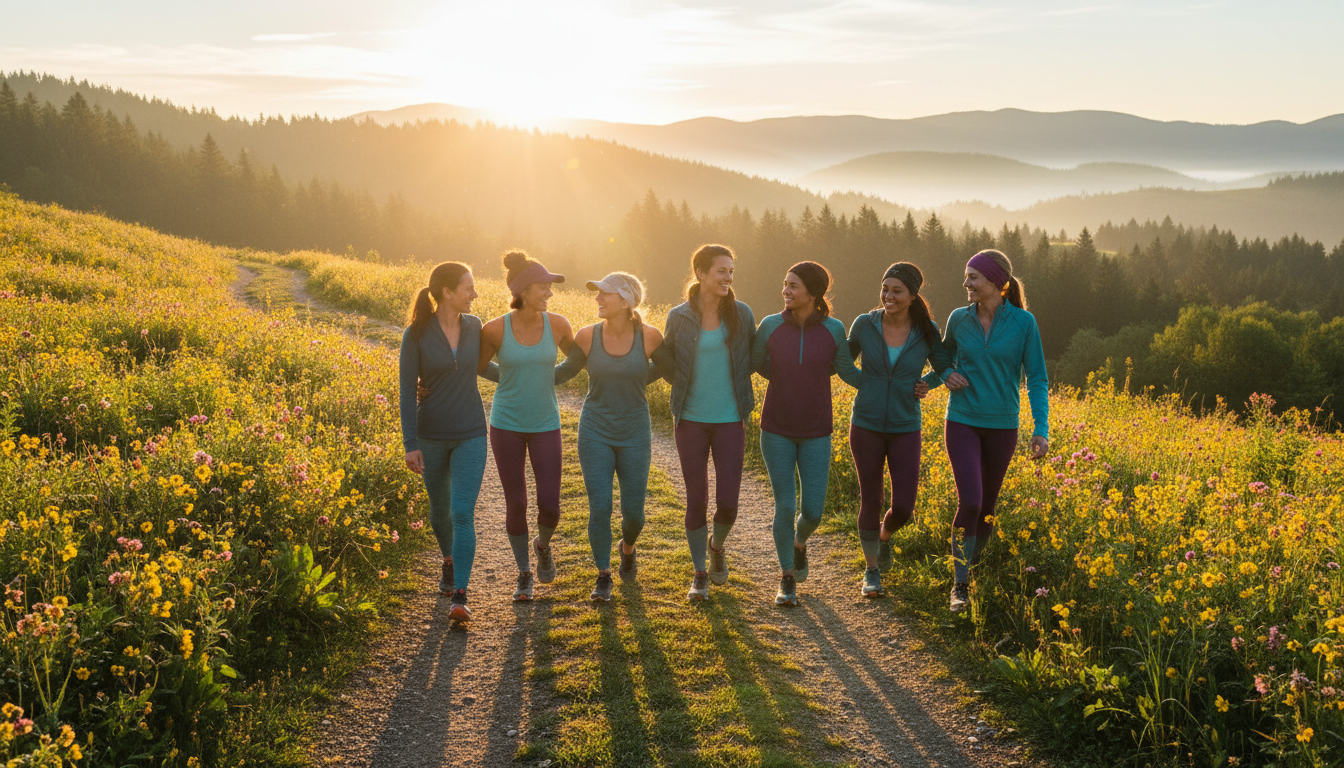 Diverse women walking together on a nature trail at sunrise, radiating joy, health, and community spirit