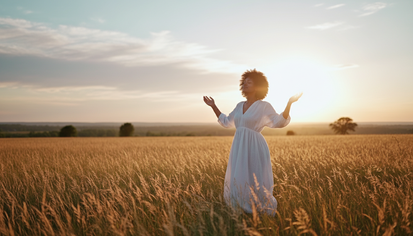 A woman standing in a sun-drenched field with arms gently raised, expressing a sense of peace and spiritual freedom at golden hour