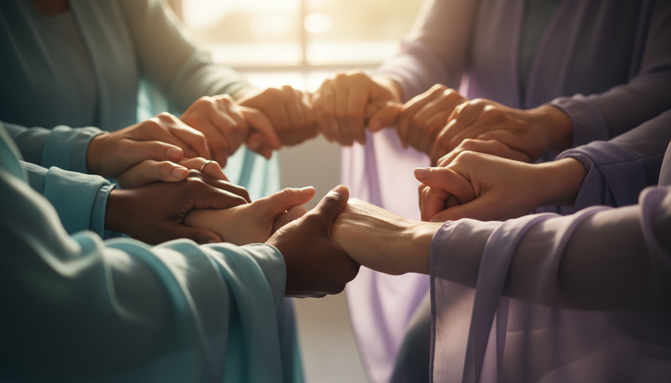 Diverse women's hands joined together in a circle of prayer, bathed in warm golden hour lighting, expressing sisterhood and unity