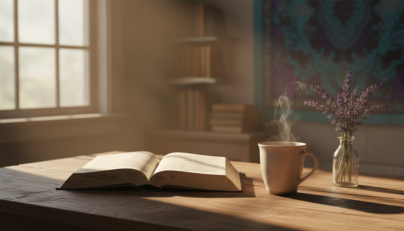 An open Bible on a rustic wooden table beside a cup of tea in warm morning sunlight, evoking a sense of peaceful devotion