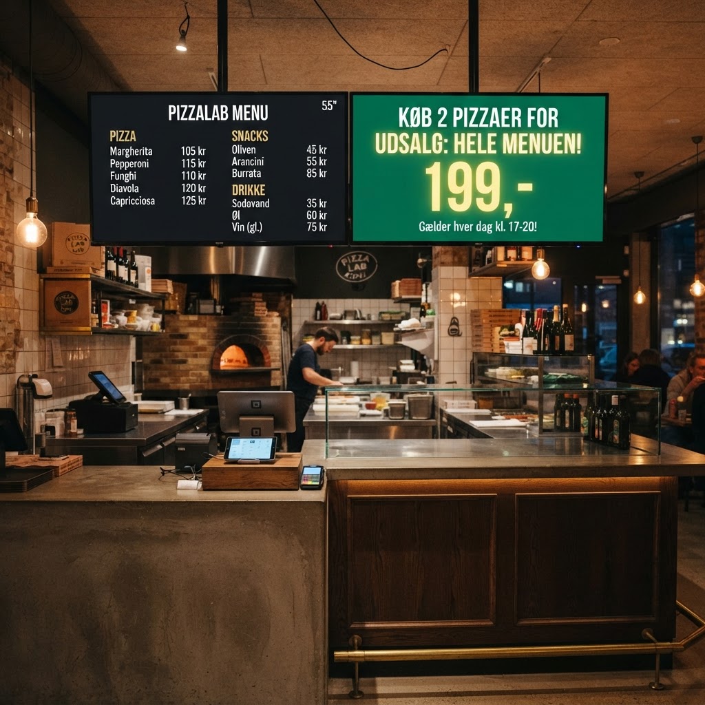 Skærme der viser menu og kampagne i en pizzaria