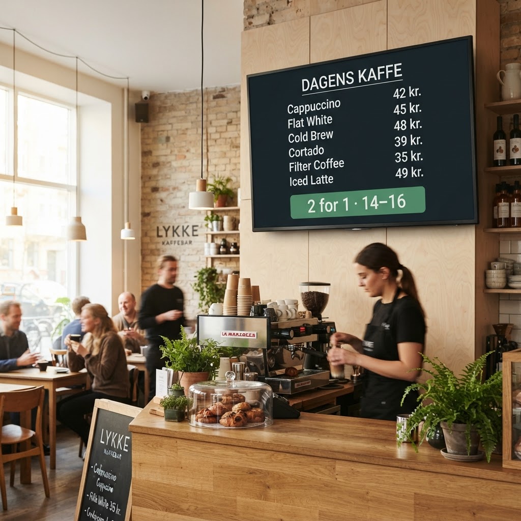 Digital menutavle på skærm i en café