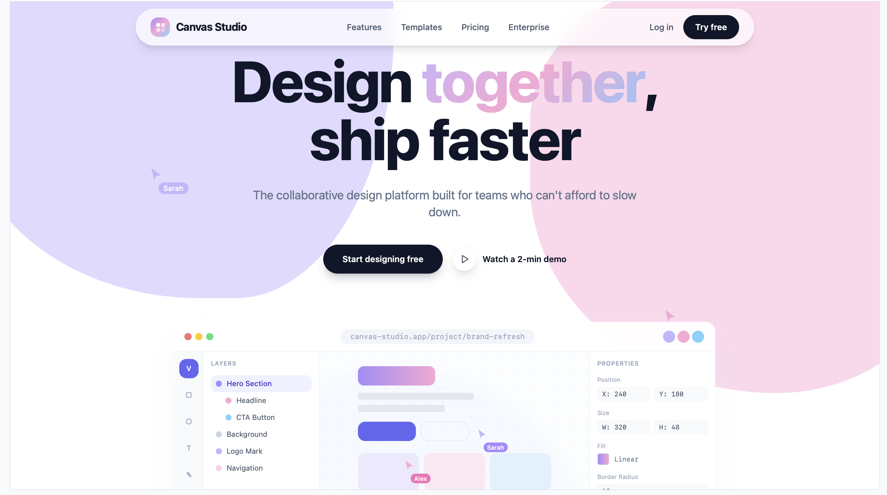Canvas Studio — Design Tool Landing Page template preview