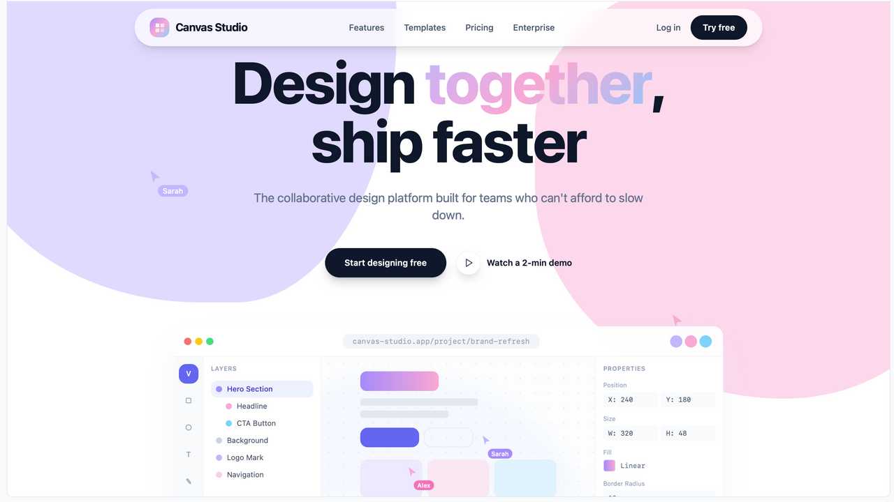 Canvas Studio — Design Tool Landing Page template preview