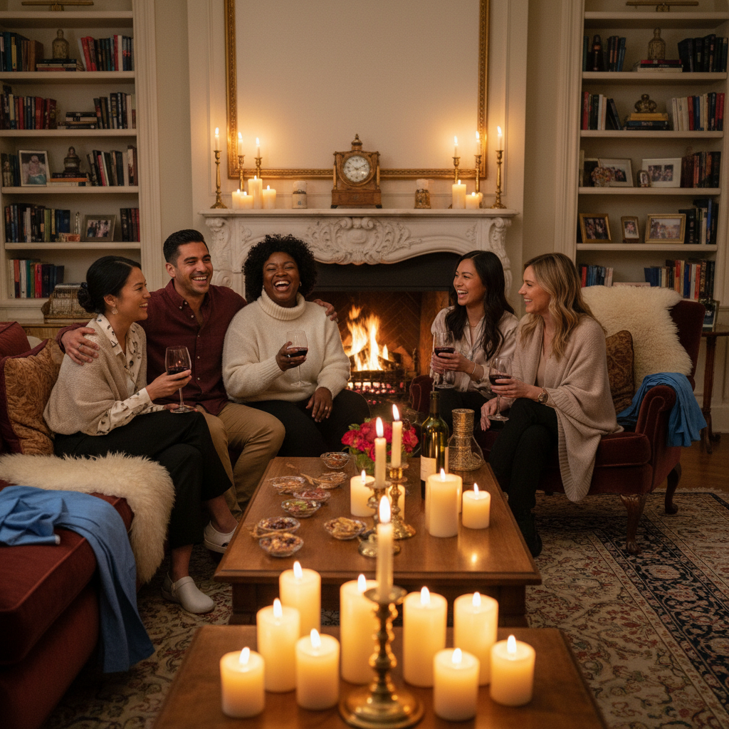 Diverse group of caregivers — men and women of different ethnicities — sharing wine and connection