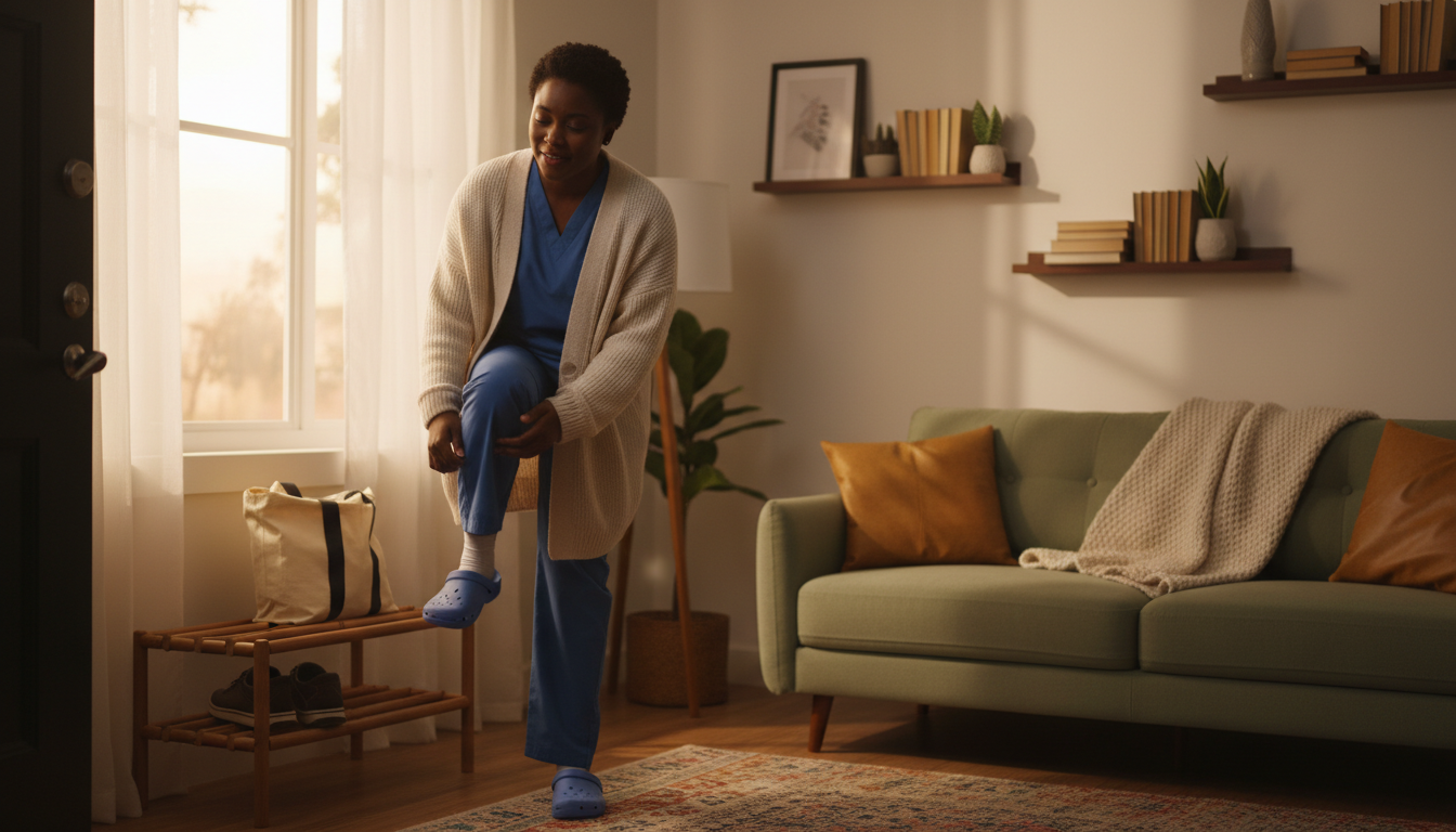 A healthcare worker transitioning from professional duty to personal rest
