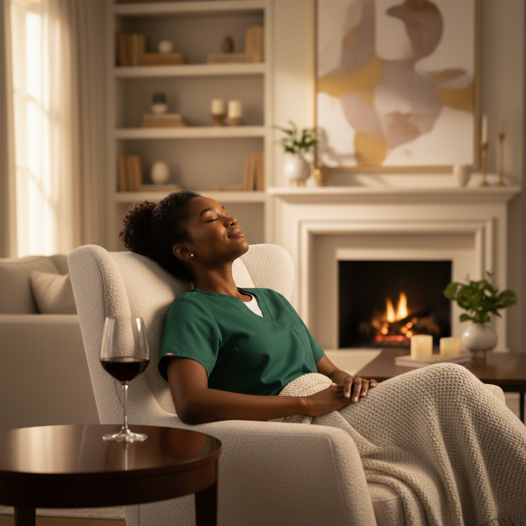 A nurse relaxing at home in the evening with a glass of wine — finally having a moment for themselves