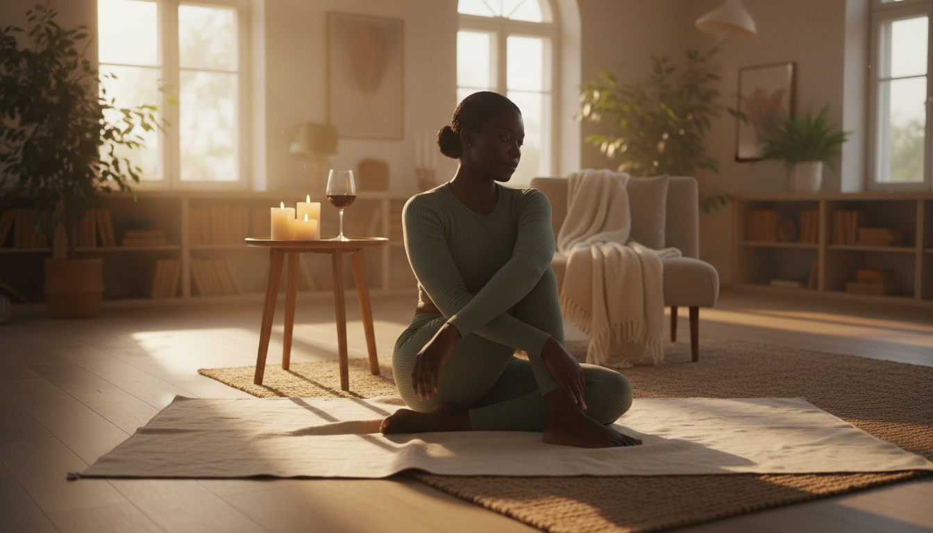 A woman doing yoga in a serene evening setting with wine nearby