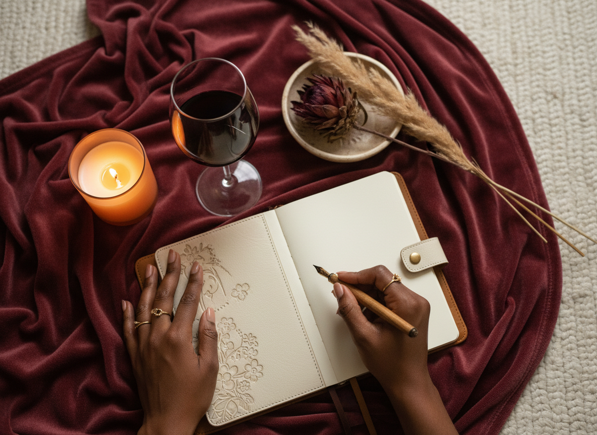 A woman journaling beside a glass of wine in warm evening light