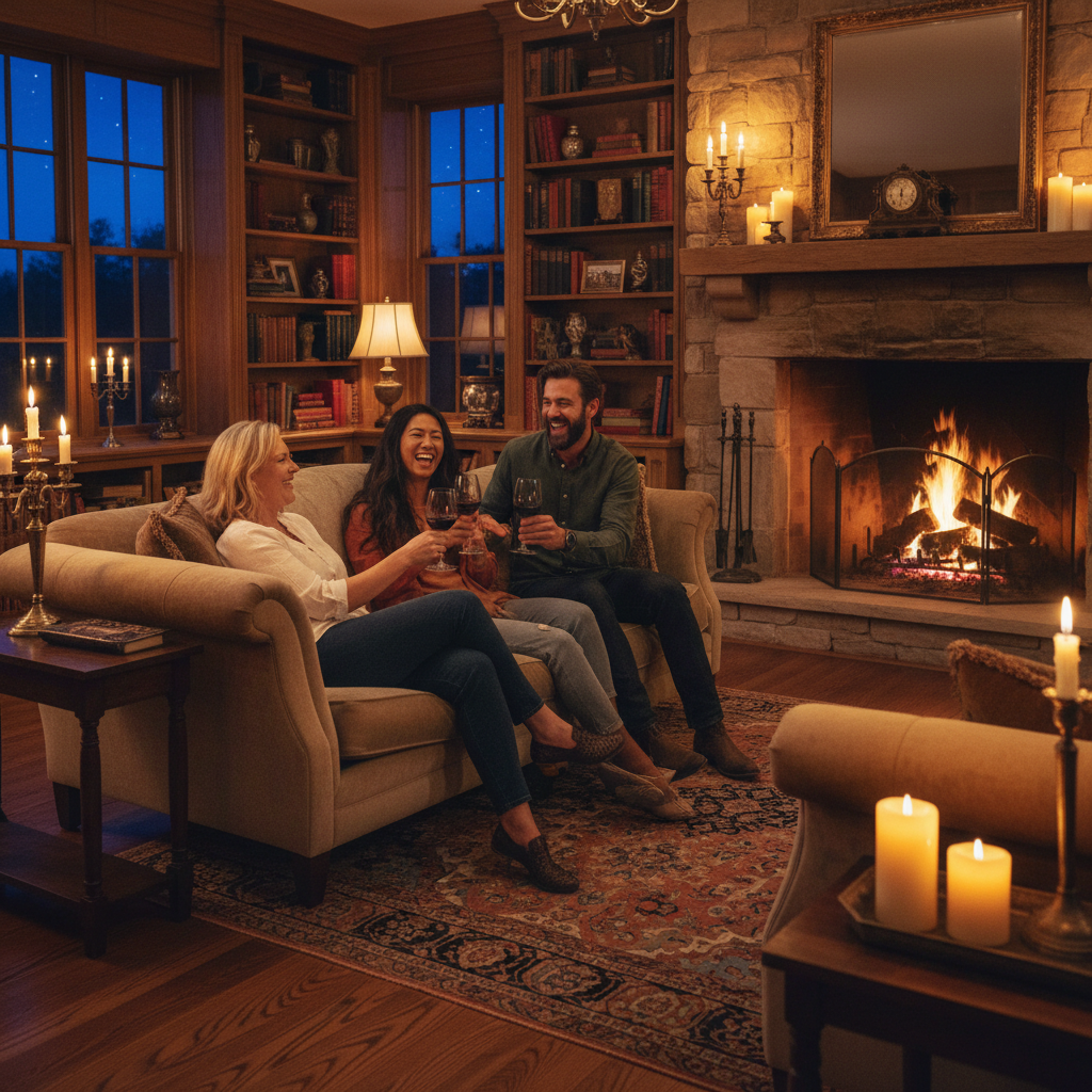Diverse caregivers gathered in a warm living room sharing wine and connection