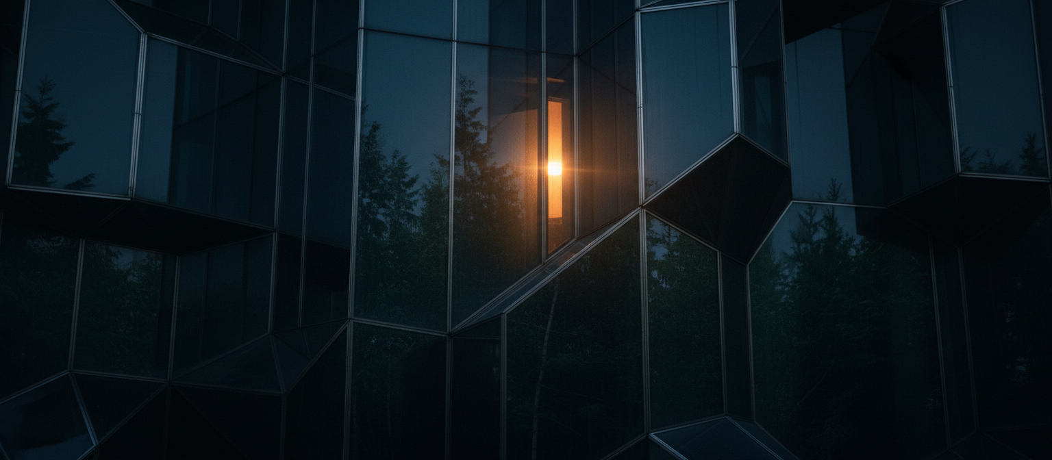 Dark architectural glass structure with amber glow