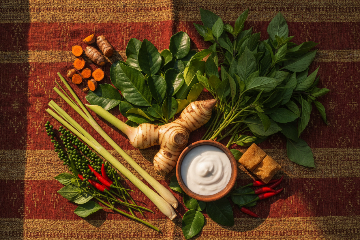 Fresh Cambodian spices and ingredients arranged on a traditional Kroma cloth