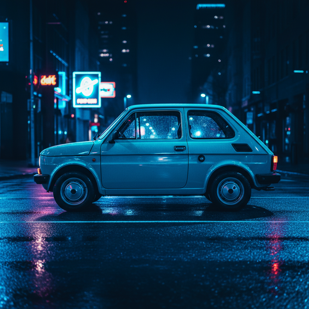 Fiat 126p v brutalistickej betónovej garáži