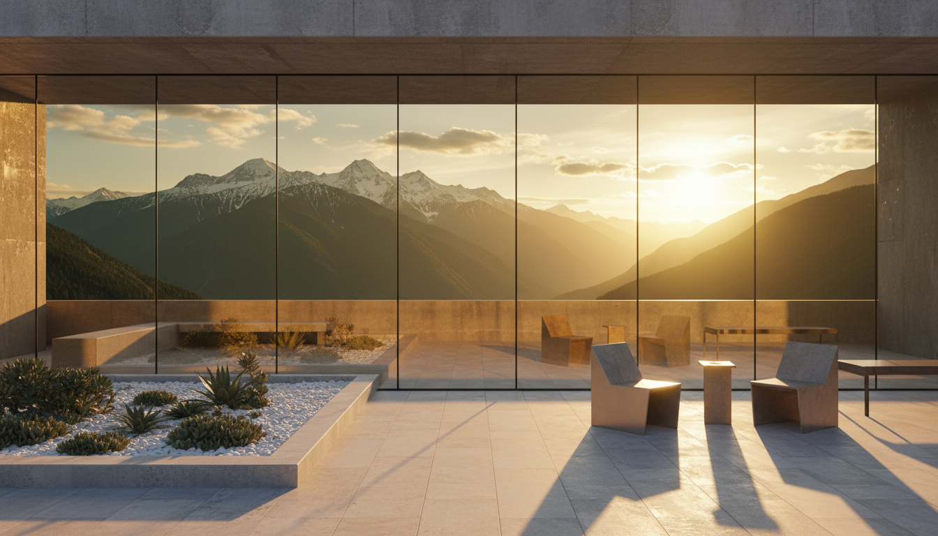 Modern medical facility terrace overlooking the Caucasus mountains at golden hour