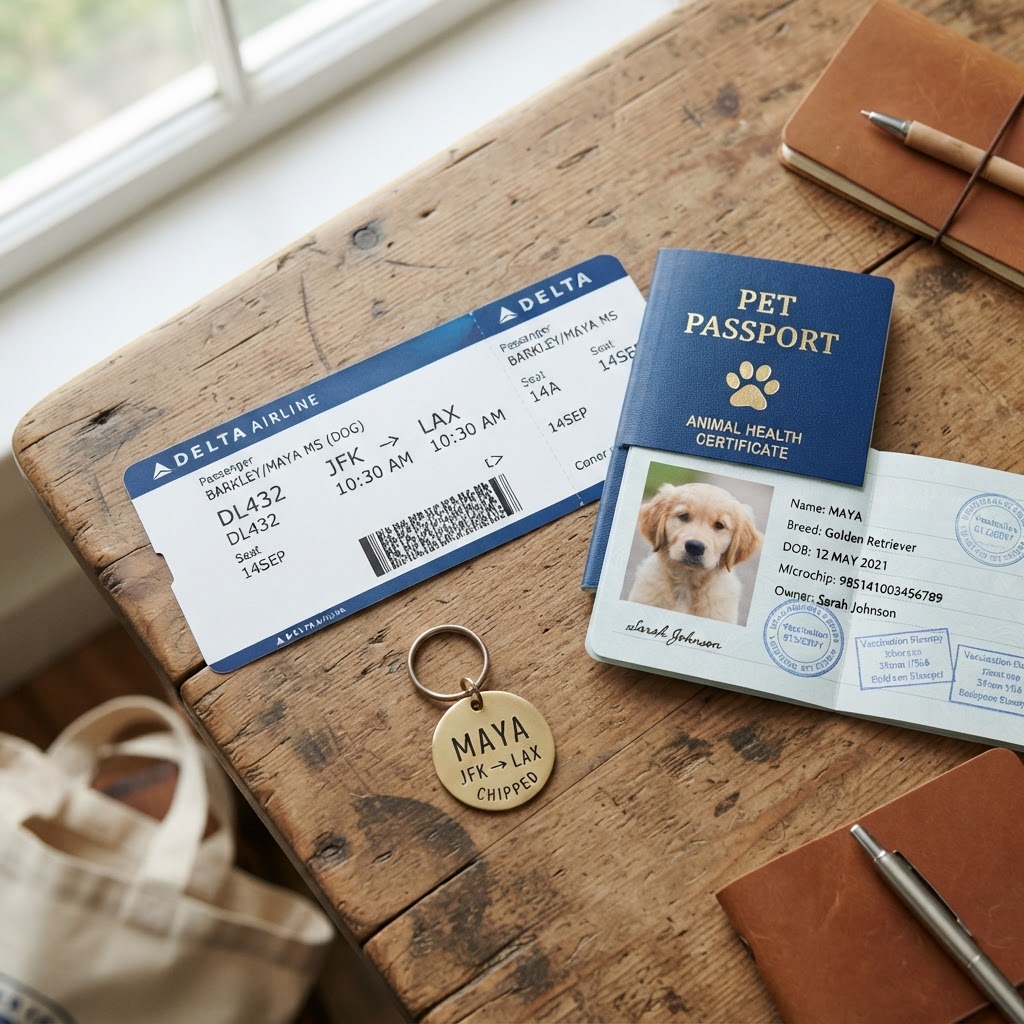 Carte d'embarquement, étiquette chien et passeport pour animal en flat lay sur un bureau