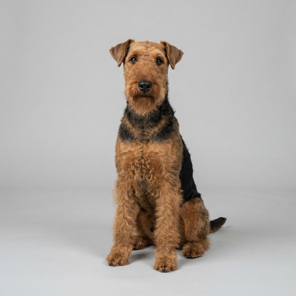 Airedale Terrier sitting in studio