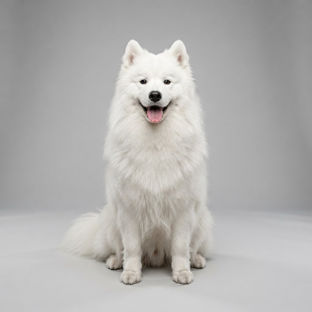 Samoyed sitting in studio