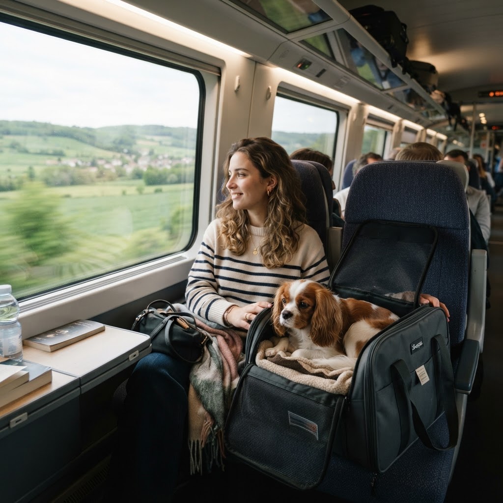 Un petit chien calme dans un sac de transport installé sur un siège de train grande vitesse, avec la campagne défilant par la fenêtre