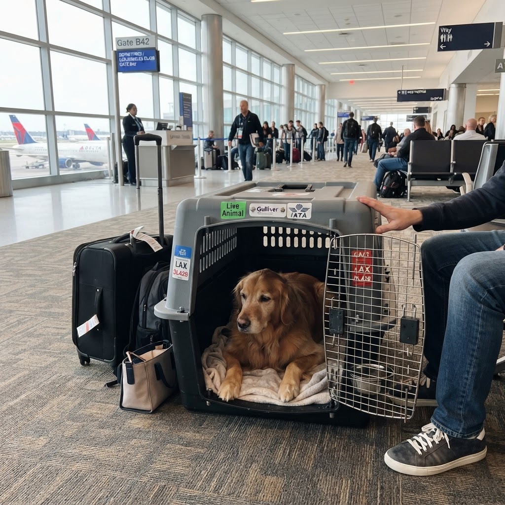 Un chien reposé dans une caisse de transport homologuée dans un terminal d'aéroport