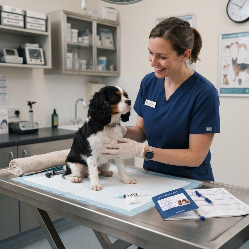 Un vétérinaire examinant un chien avec un carnet de vaccination et un passeport sur la table