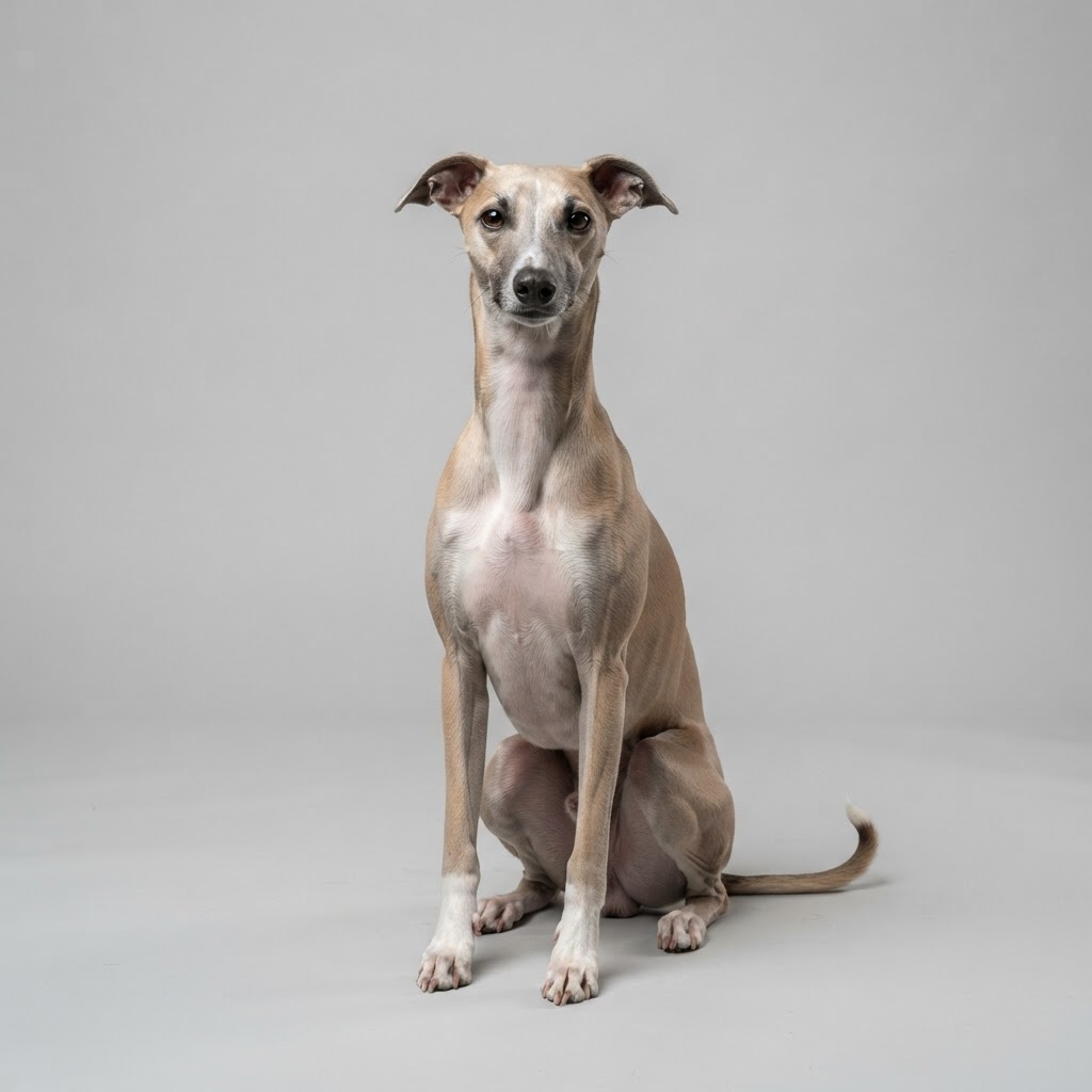 Whippet sitting in studio