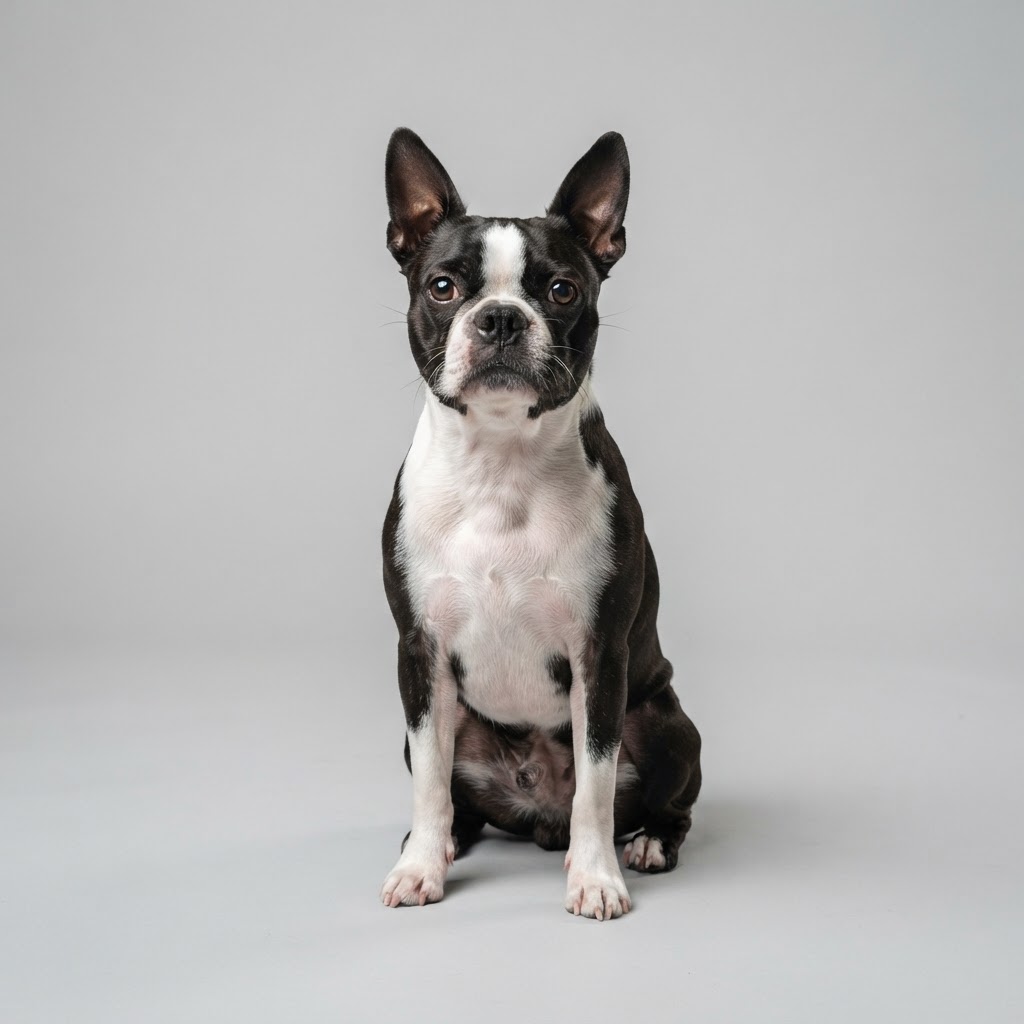 Boston Terrier sitting in studio