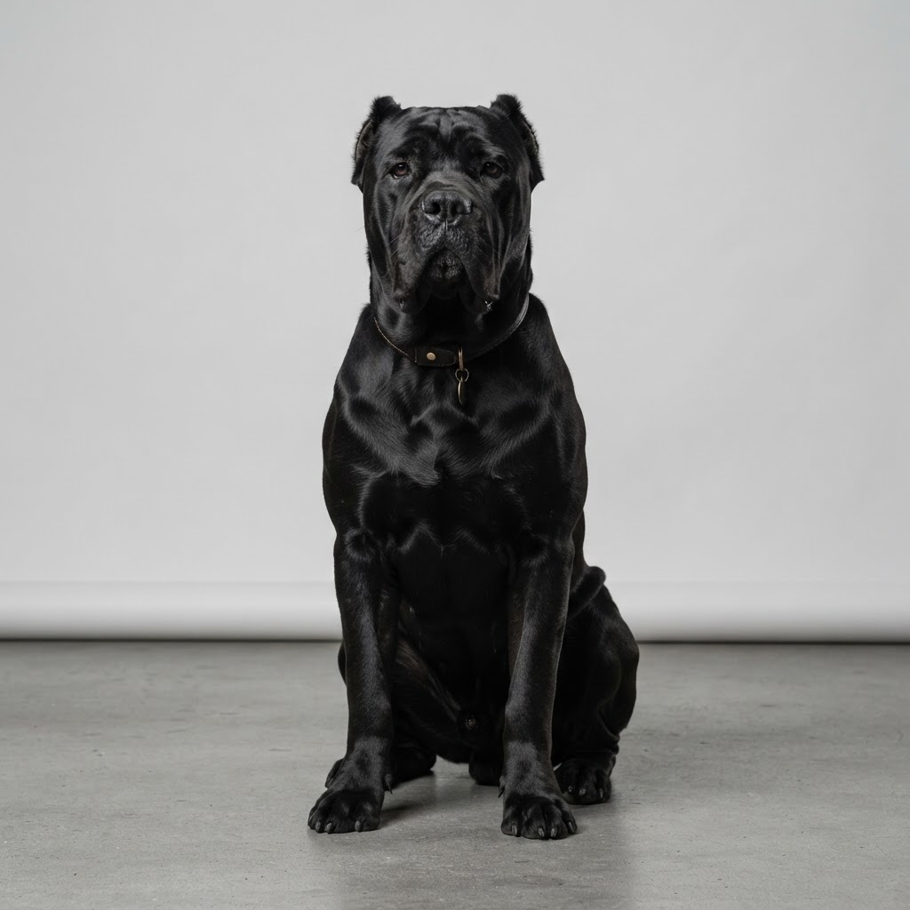 Cane Corso sitting in studio