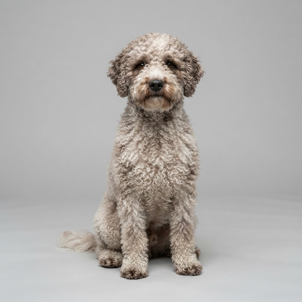 Lagotto Romagnolo sitting in studio