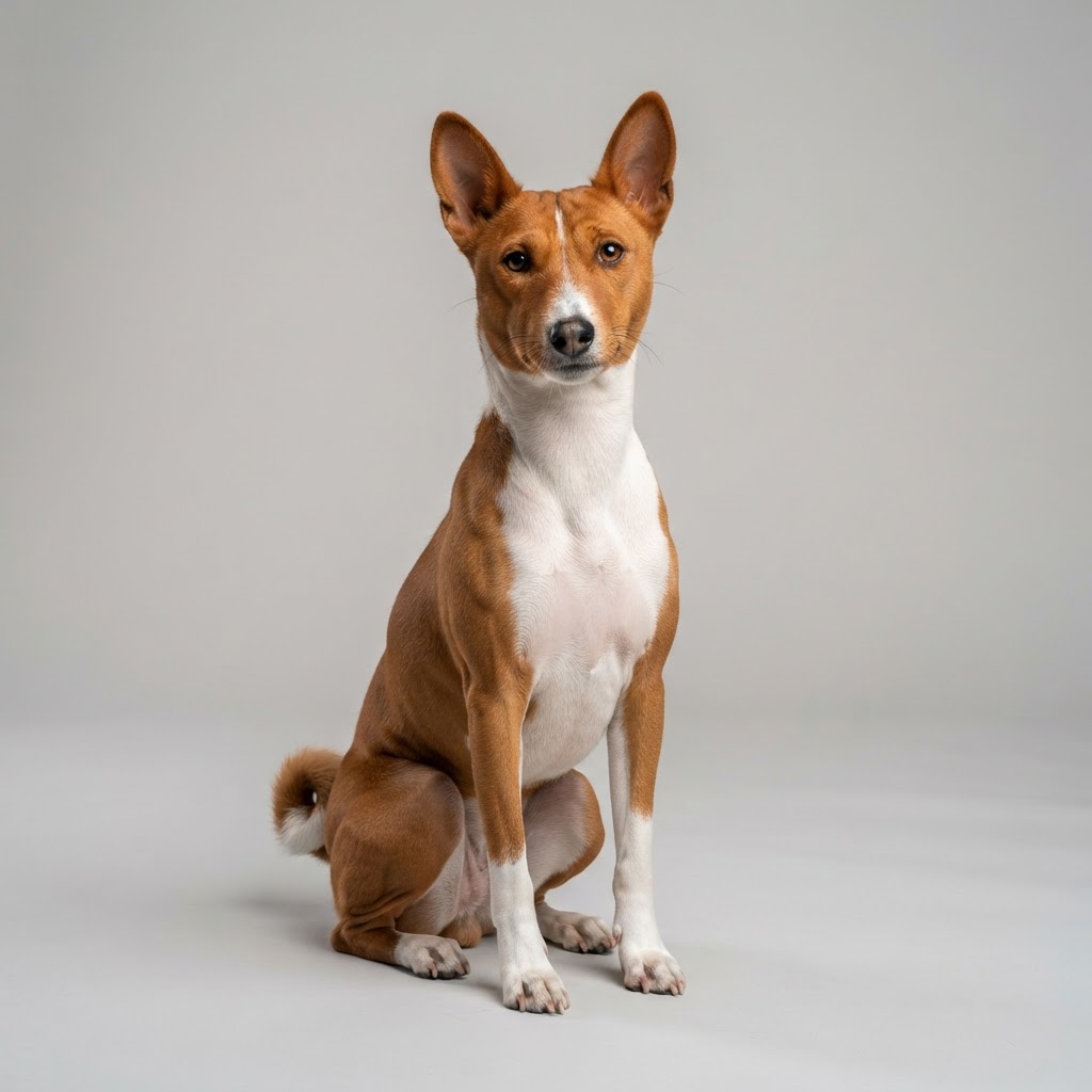 Basenji sitting in studio