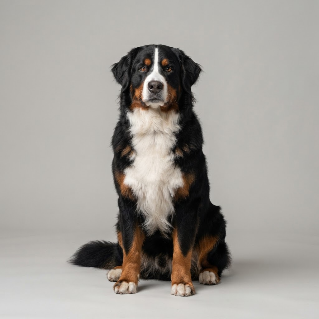 Bernese Mountain Dog sitting in studio