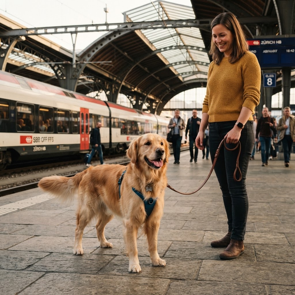 Un chien tenu en laisse sur le quai d'une gare européenne