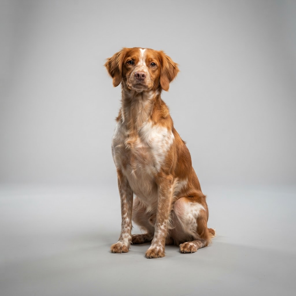 Brittany spaniel sitting in studio
