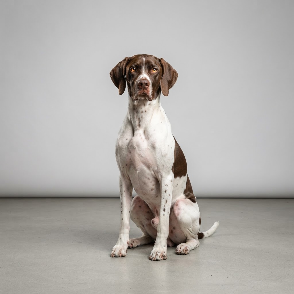 English Pointer sitting in studio