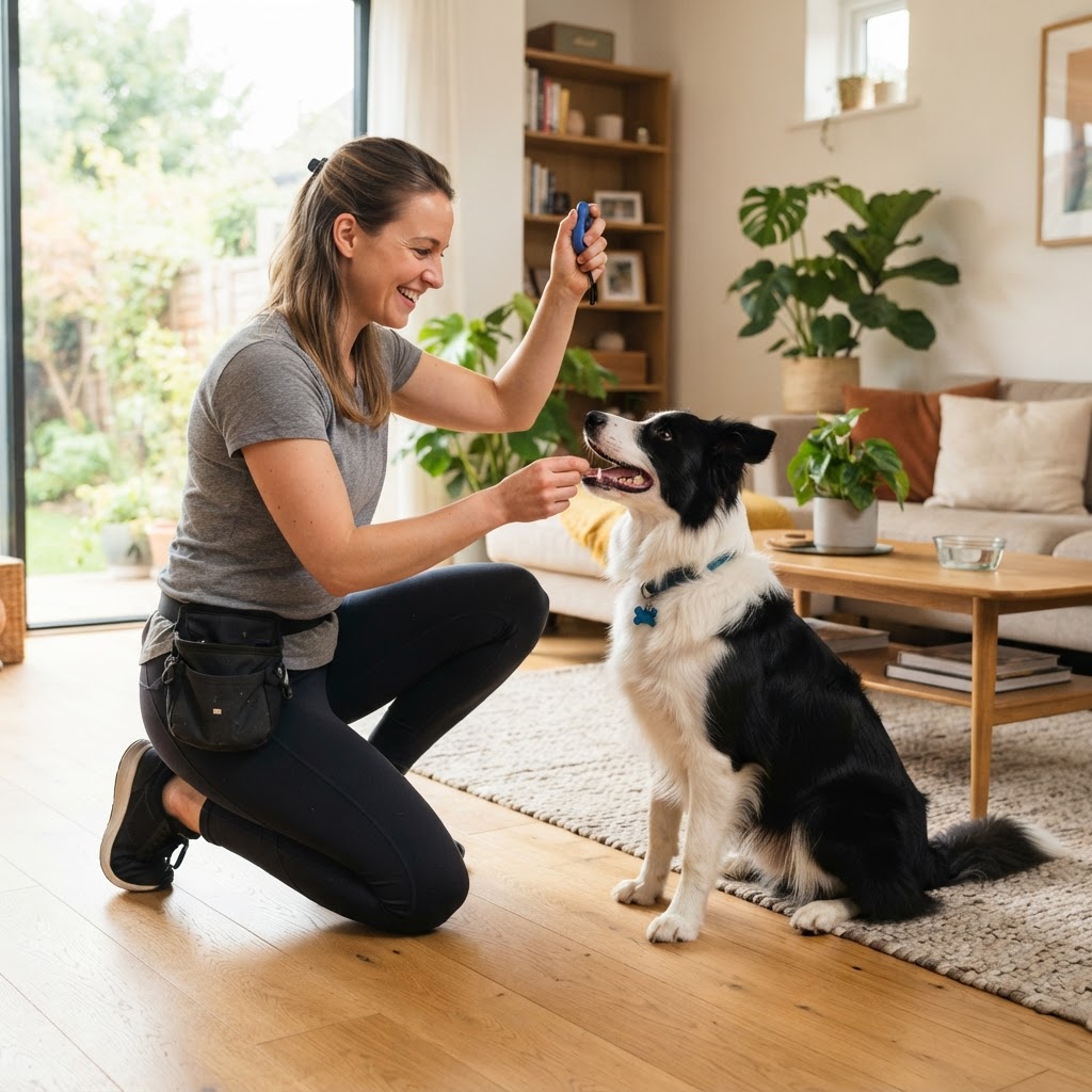 A dog learning with a clicker during a K9 Training Institute workshop