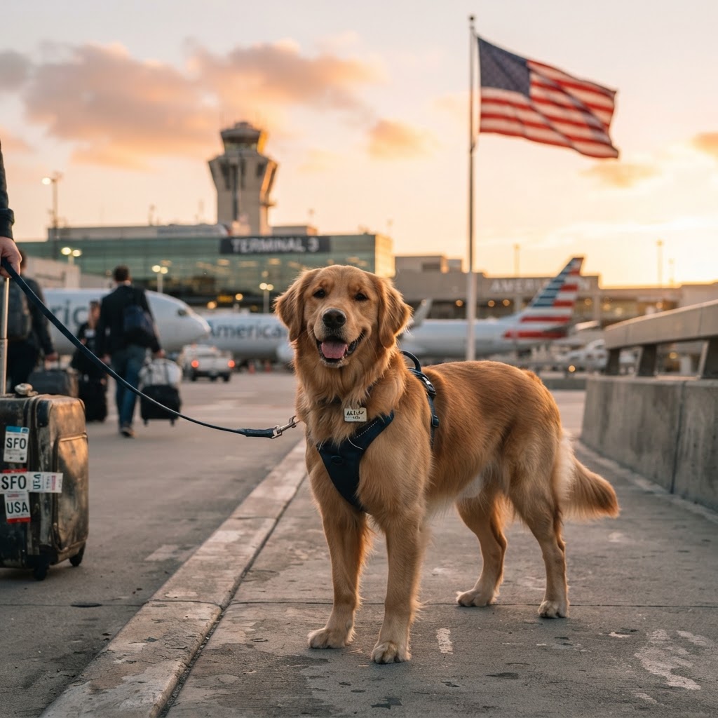 Un chien devant un aéroport américain avec un drapeau des États-Unis flou en arrière-plan