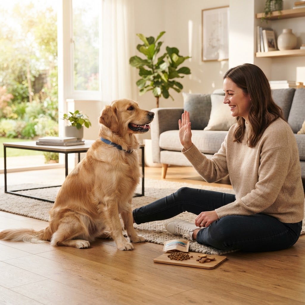 Un chien attentif apprenant des commandes avec la méthode positive de dressage en ligne