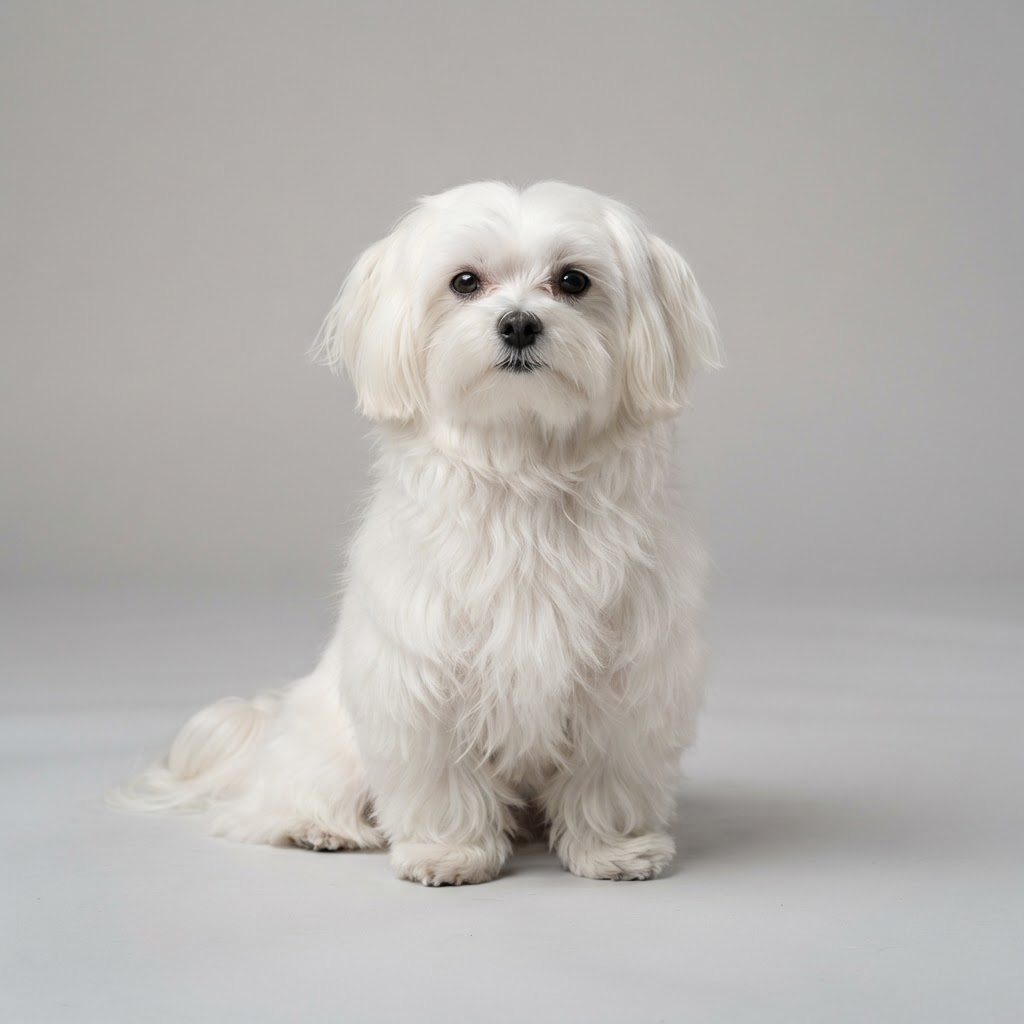 Maltese dog sitting in studio