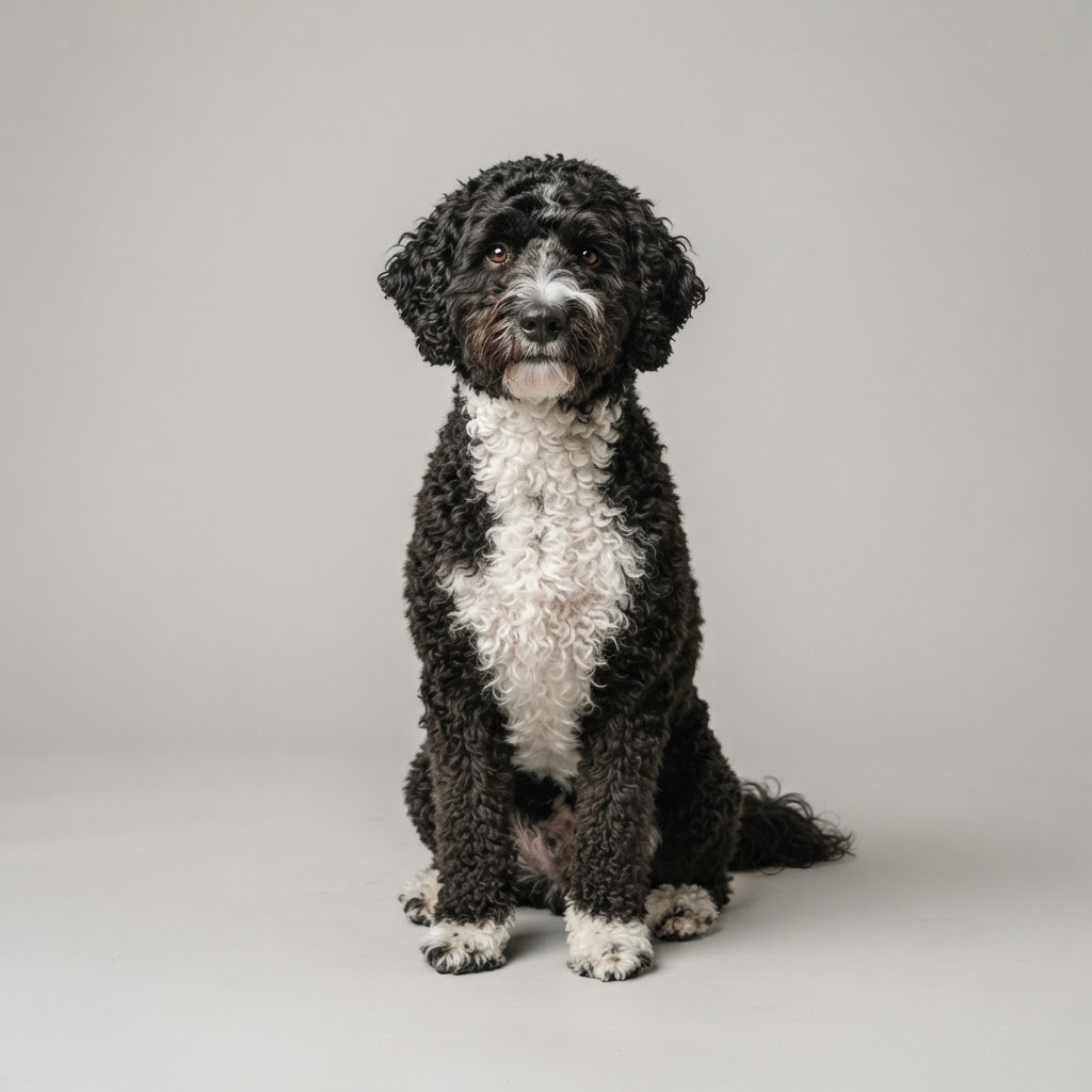 Portuguese Water Dog sitting in studio