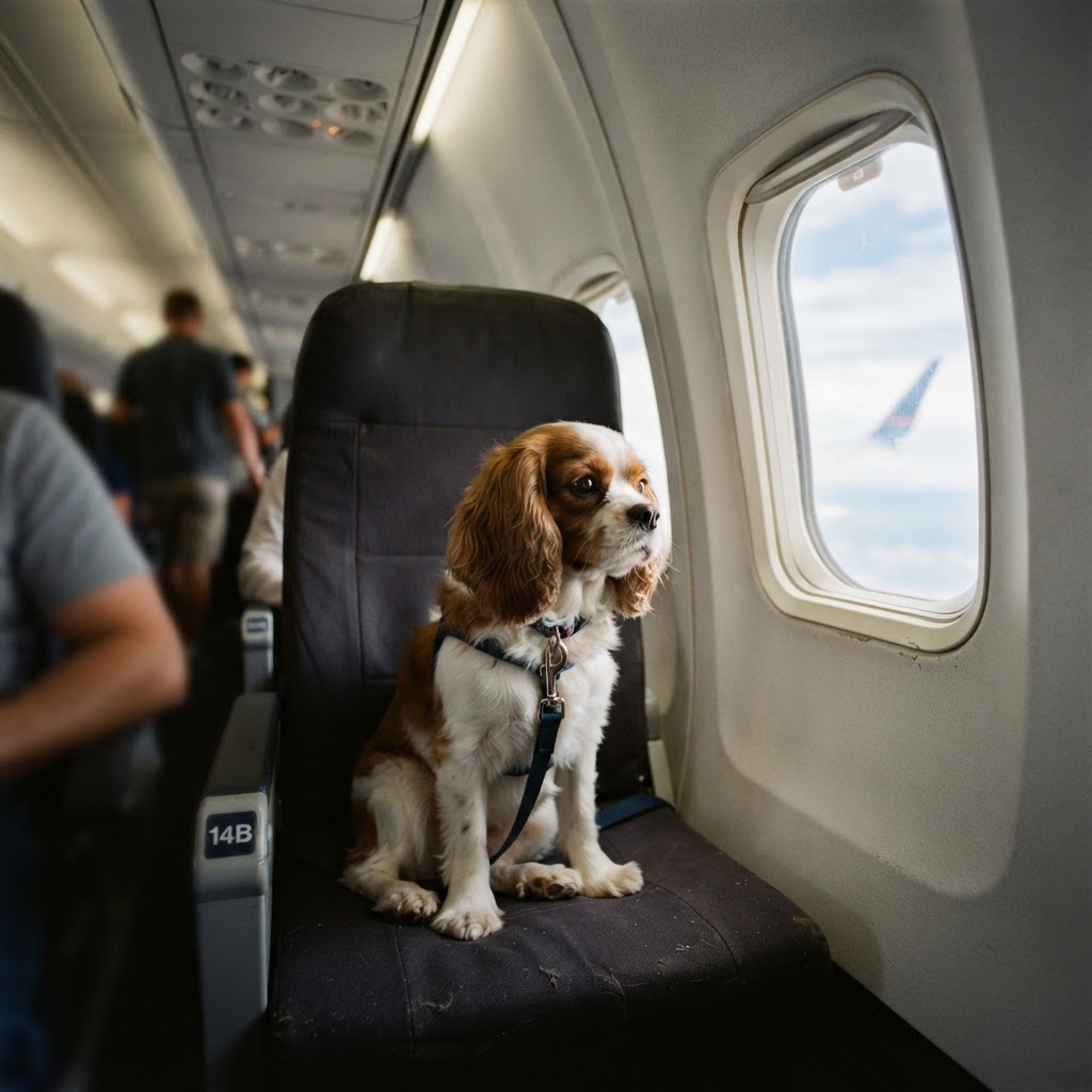 Un chien assis calmement sur un siège d'avion près du hublot